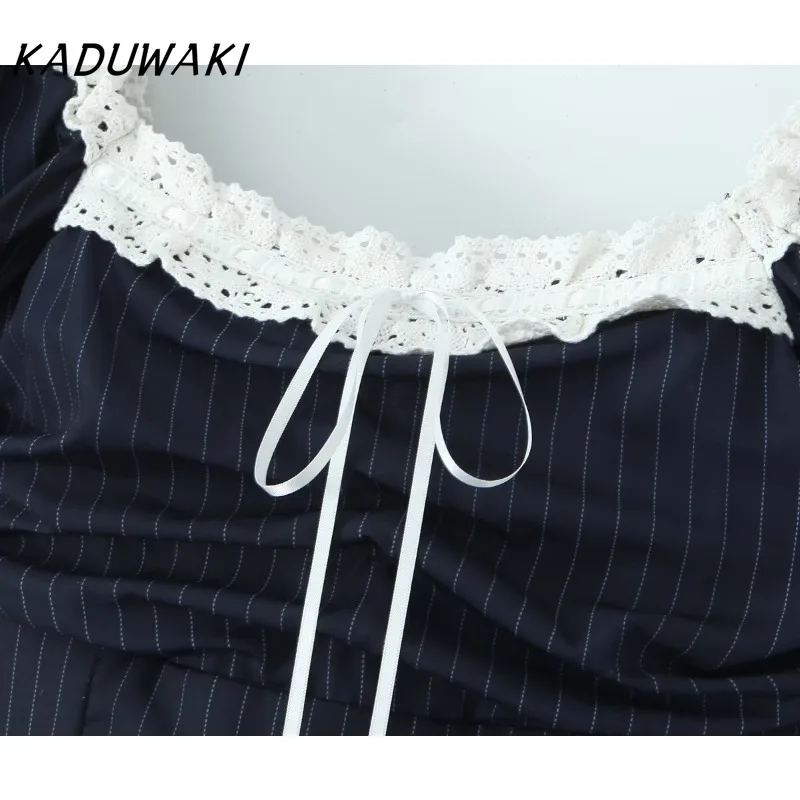 KADUWAKI Navy White Striped Spliced Lace Collar Ball Gown Dress Puff Sleeve Retro Women Ruched Waist Lacing Up Back Cake Dresses