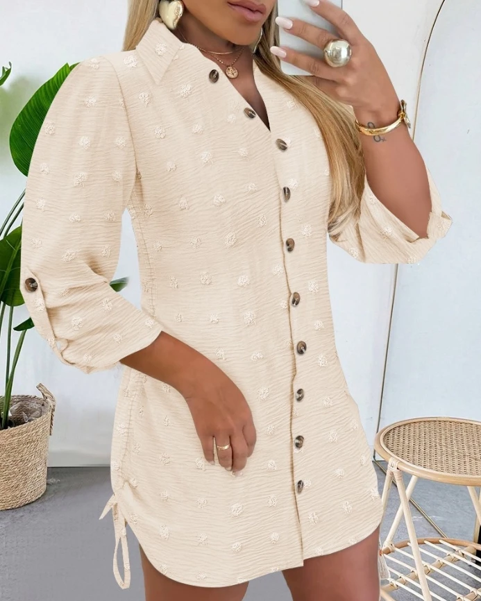 Large Swiss dot collar long sleeved chiffon shirt dress with casual button design and side drawstring mini dress