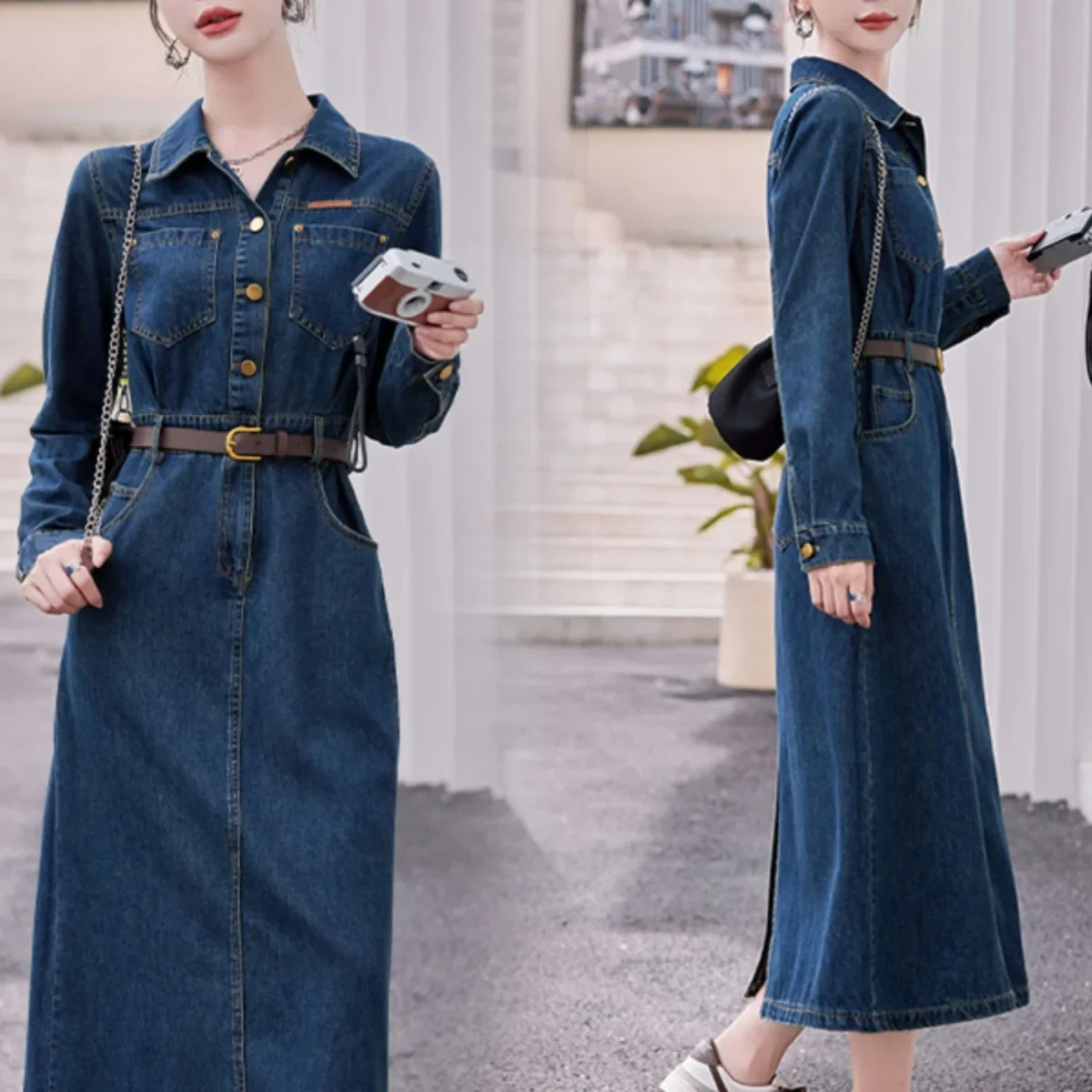Fashionable Long Sleeve Denim Dress Women Spring Autumn New High End Elegant Casual Slimming Shirt Style Ankle Length Dress