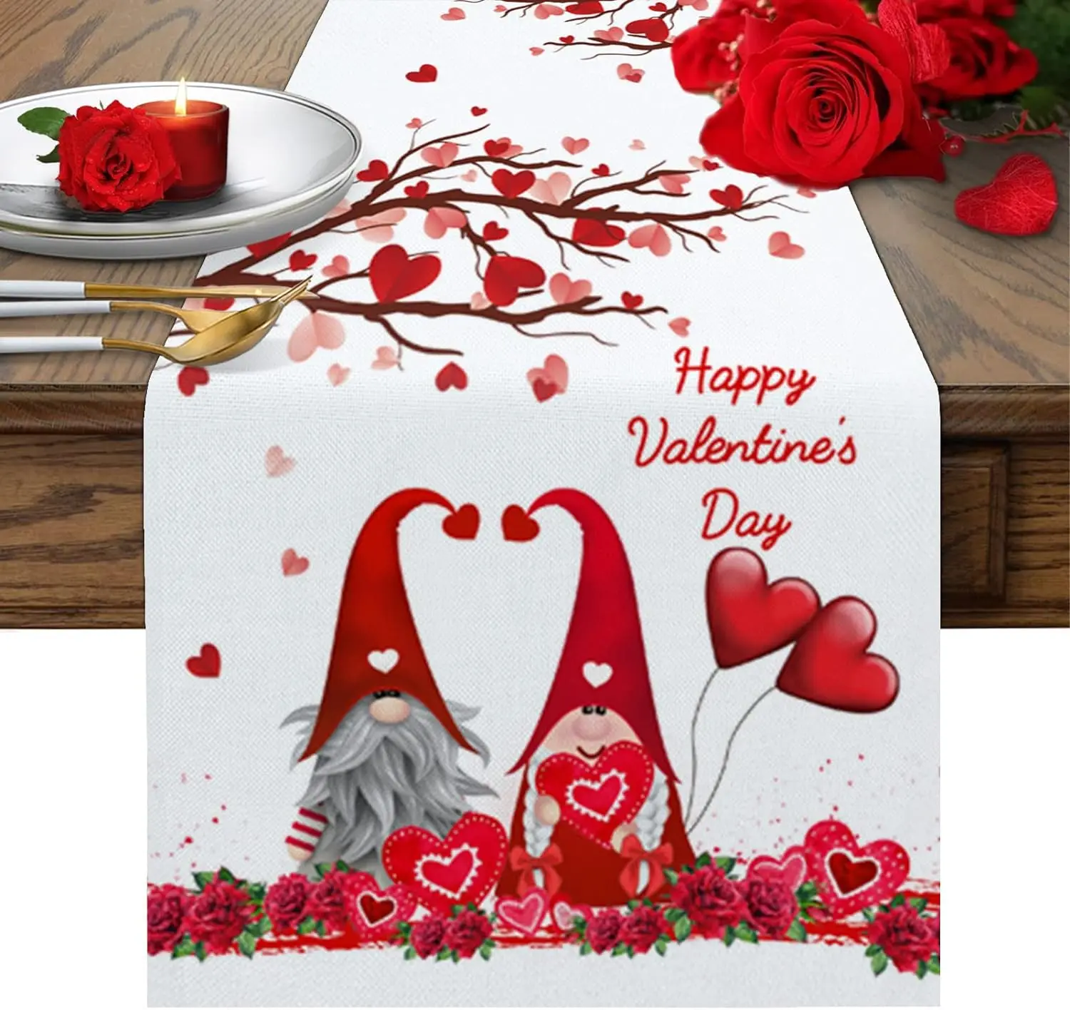 Valentine's Day Love Tree Gnomes Linen Table Runners Dresser Scarves Table Decor Romantic Dining Table Runner Wedding Decoration