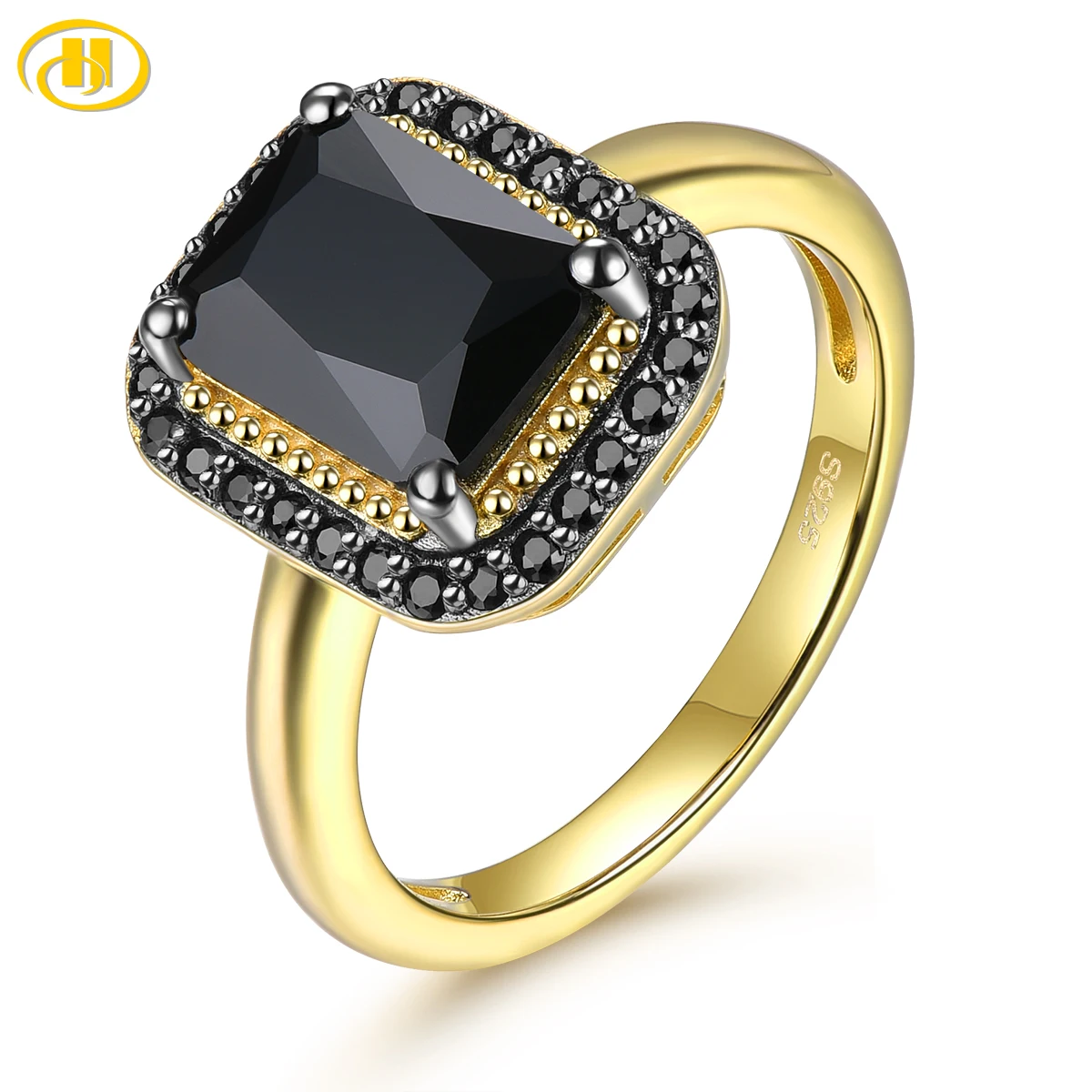 

Natural Black Spinel Sterling Silver Yellow Gold Plated 2.6 Carats Genuine Gemstone Classic Design Women Luxury Style Jewelrys