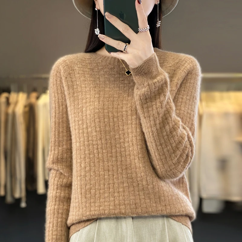 100% Merino Wool Sweater Women\'s O-neck Pullover Loose Knit Underlay Fashion Long Sleeve Cashmere Top in Autumn and Winter