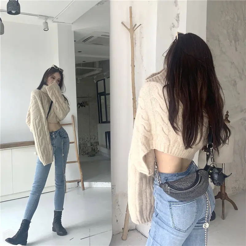 Short Top Sexy Sweater Women\'s Turtleneck Pullover Loose Knit Woman Sweaters Femme Chandails Pull Hiver