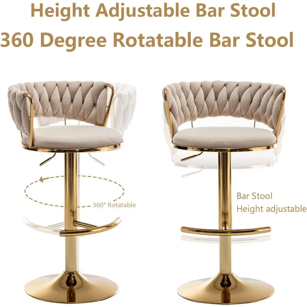 Gold Velvet Bar Stools Set of 4, Counter Height Bars Stools with Low Back, Swivel Bars Stool for Kitchen Island, Bar Pub