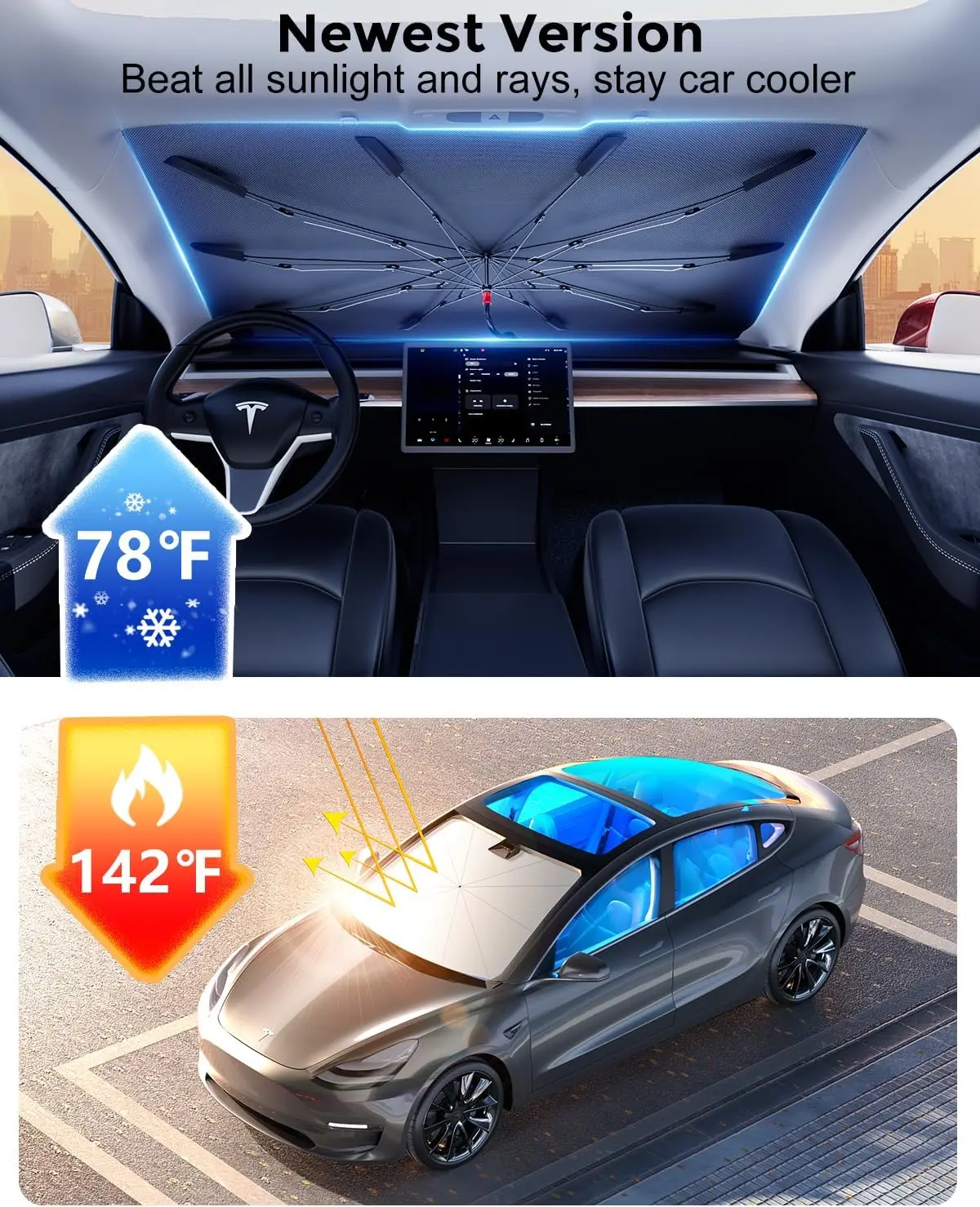 Upgraded Car Windshield Sun Shade with Nano Cooling Coating - Blocks UV & Keeps Car Cooler (Large Size)