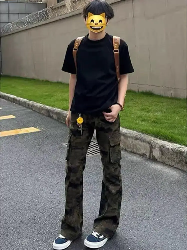 

Slim Fit American Camouflage Jeans Men's Summer Thin Workwear Pants High Waist Straight Leg Narrow Version Flared Denim Jeans