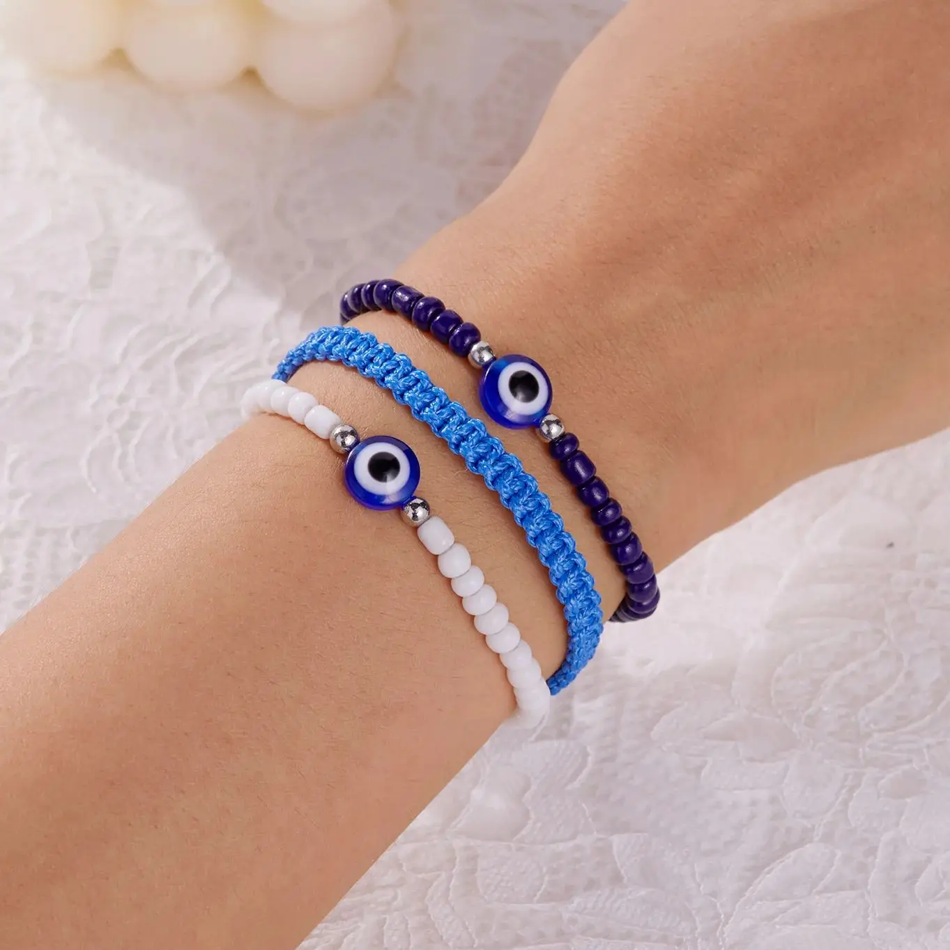 Vintage Multilayer Turkish Blue Evil Eyes Rice Beaded Bracelets for Women Men Trendy Braided Bracelets Stacktable Bangle Jewelry