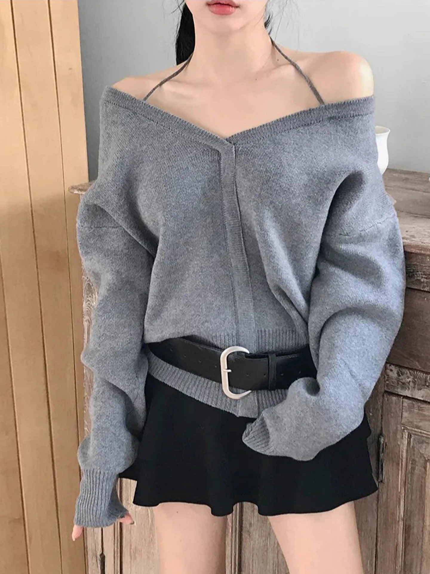 سترة نسائية محبوكة طويلة من Oulder Bared سترة نسائية ذات ياقة كلمة واحدة معلقة Ne بطريقتين ملابس شتوية جديدة بلون نقي... #2