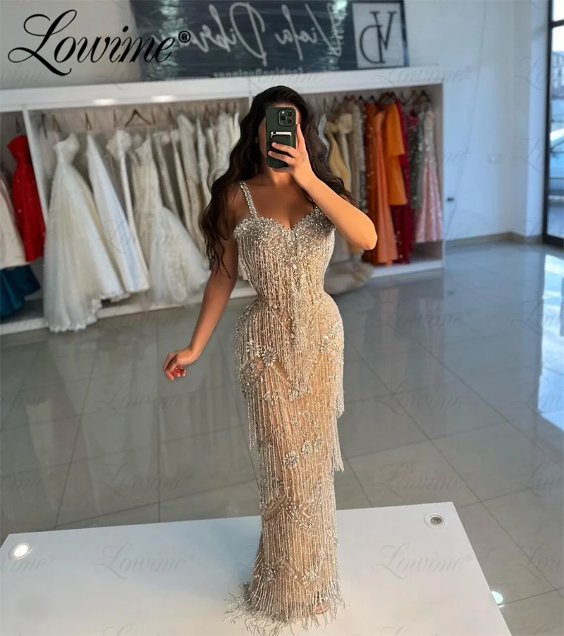 2024 Haute Coutures Celebrity Dresses Champagne Beading Crystals Tassel Formal Occasion Women Evening Dress Wedding Party Gowns