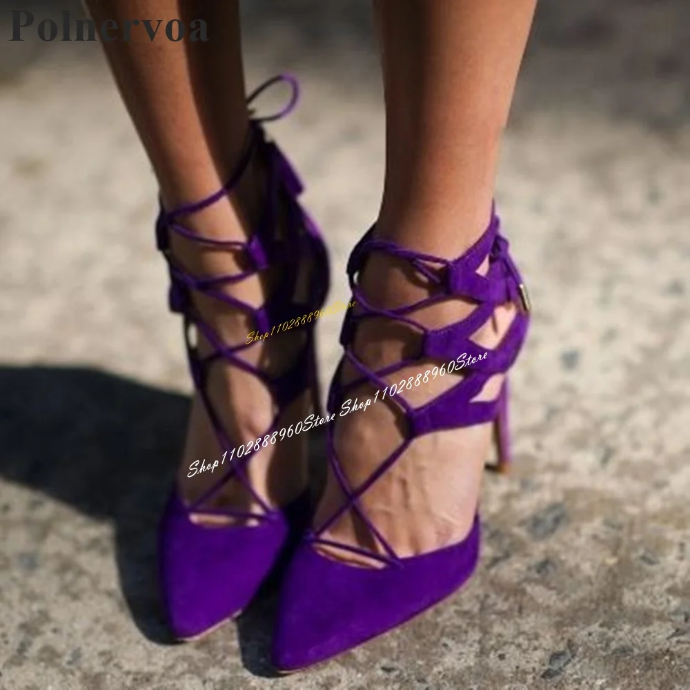 

Cross Tied Purple Flock Hollow Casual Sandals Thin High Heel Women Shoes Back Zipper Pointed Toe 2024 Sexy Zapatos Para Mujere