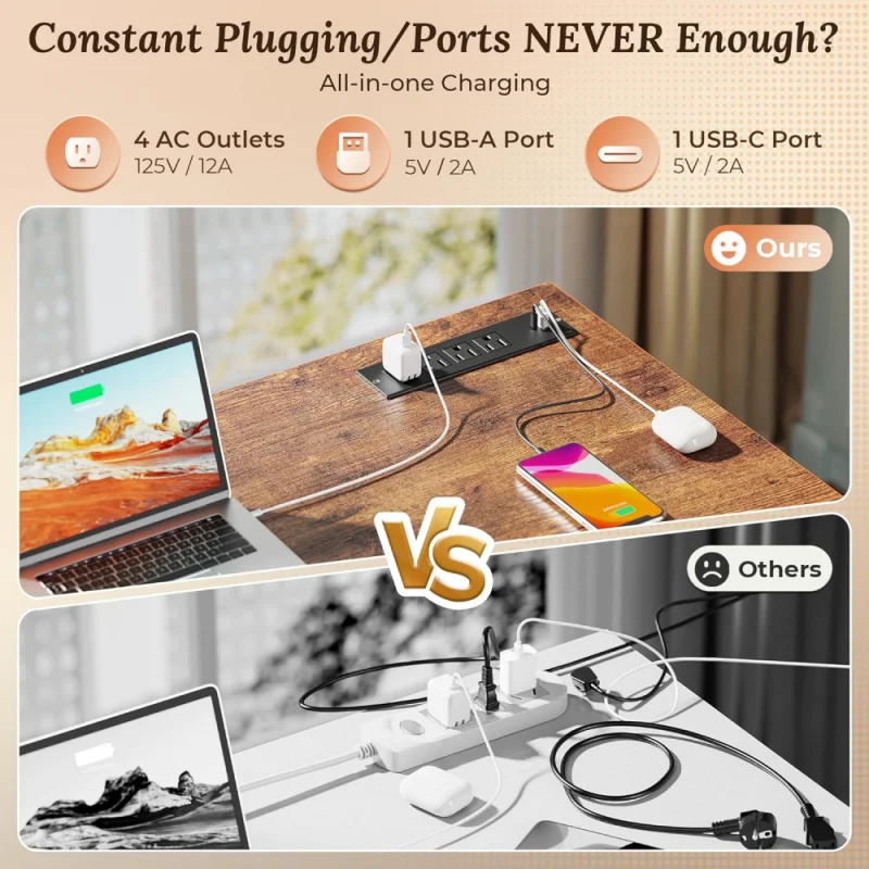 47 Inch Office Desk with Outlets, Computer Desk with 9 Fabric Drawers, Writing Gaming Work Study Desk for Bedroom,