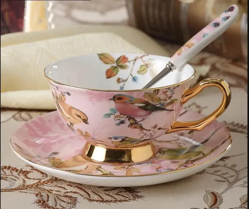 

European Bone China Coffee Cup Set Pink Bird Ceramic Phnom Penh Afternoon Tea & Saucer With Spoon Nice Gift