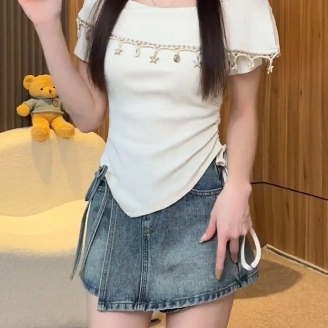Fashion Retro Heavy Industry Fringed Square Neck Short-sleeved T-shirt Women's Summer New Pleated Slim Top