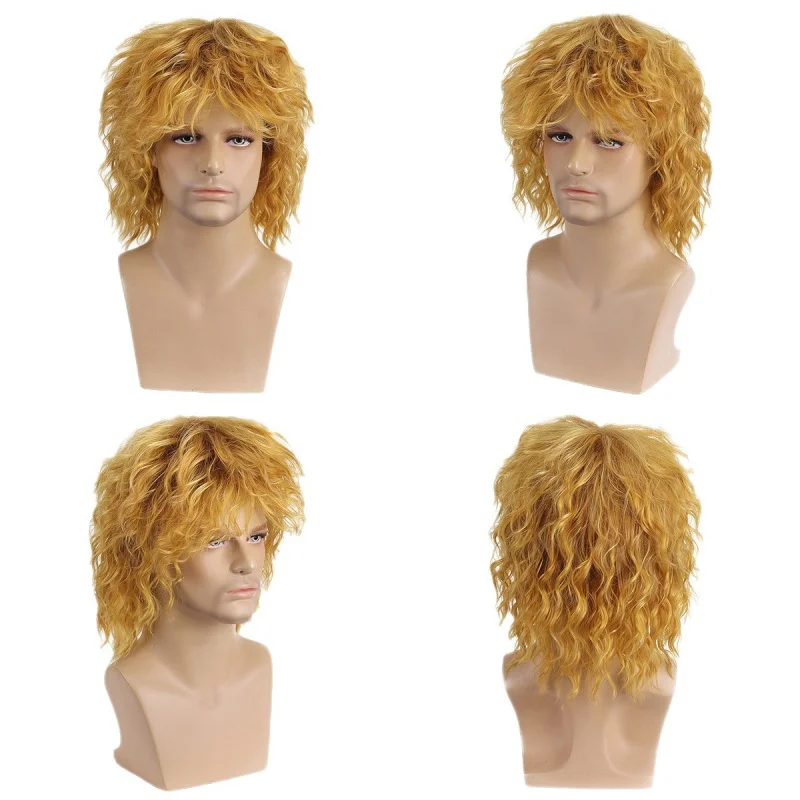 Short blonde curly mullet style, golden-brown with dark roots, 70s 80s rock wig