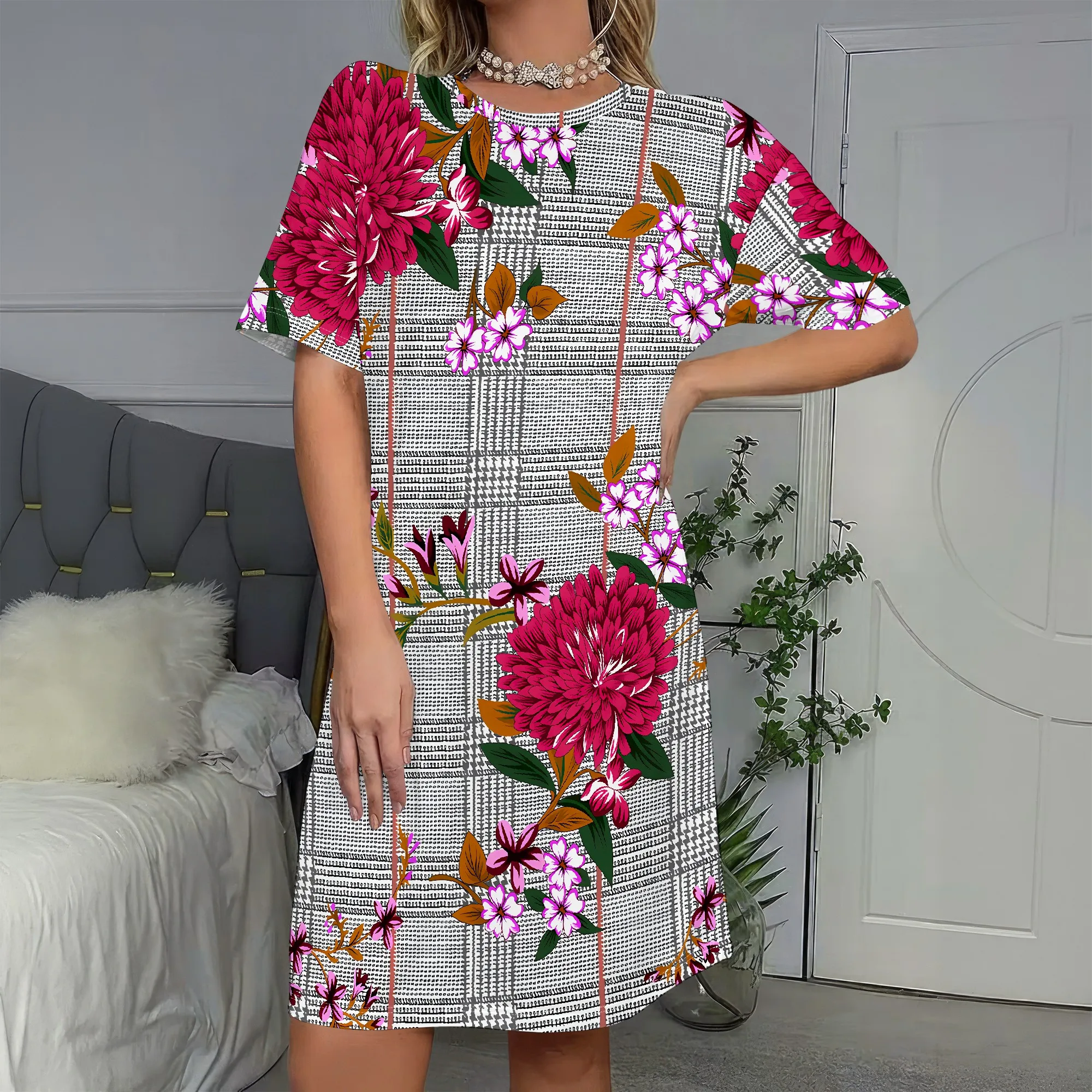 

Floral Print, Short Sleeve Dress, Plaid Pattern, Vibrant Pink Flowers, Summer Casual Wear, S-2XL