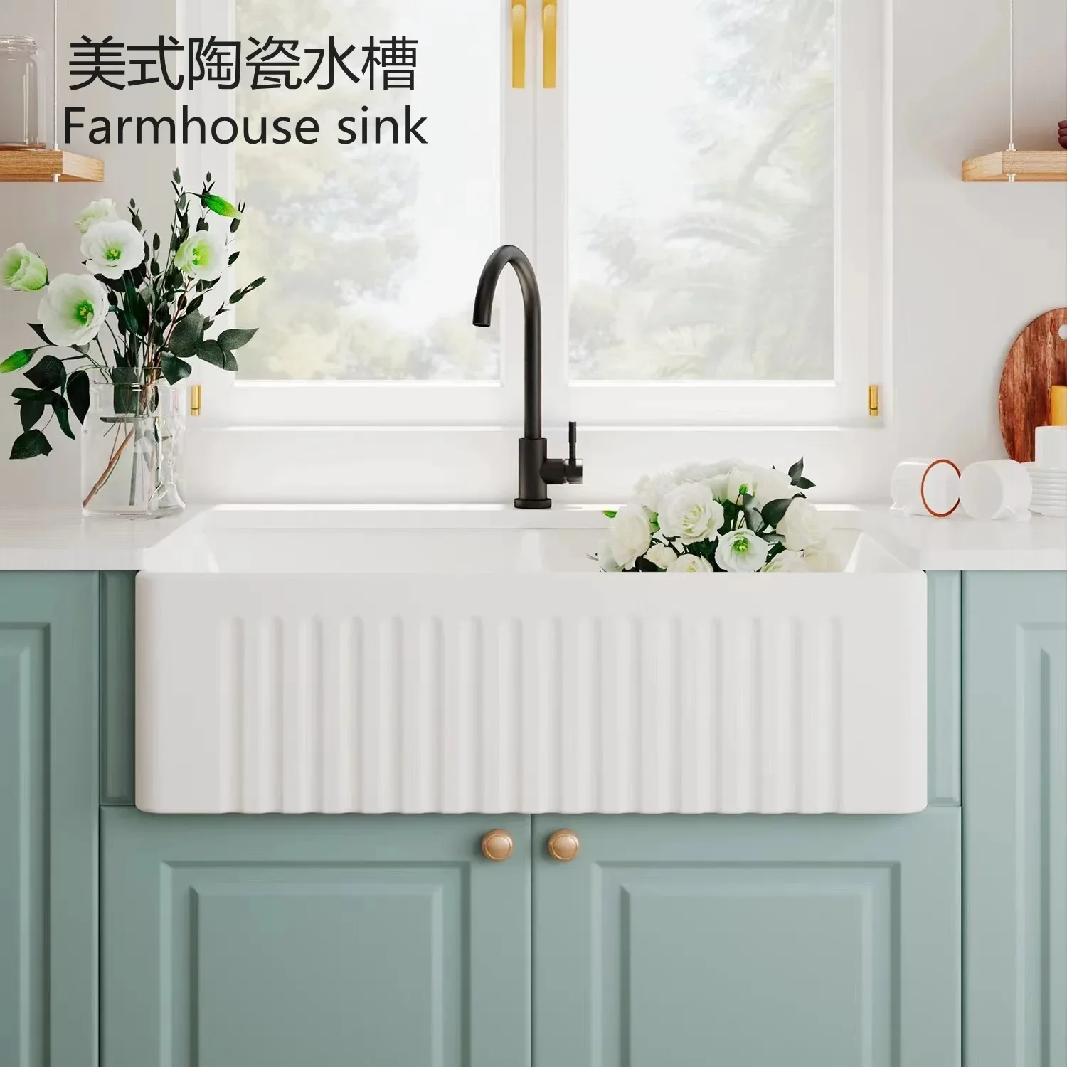 Farmhouse American vintage kitchen ceramic, vegetable  open cabinet, Farmhouse sink