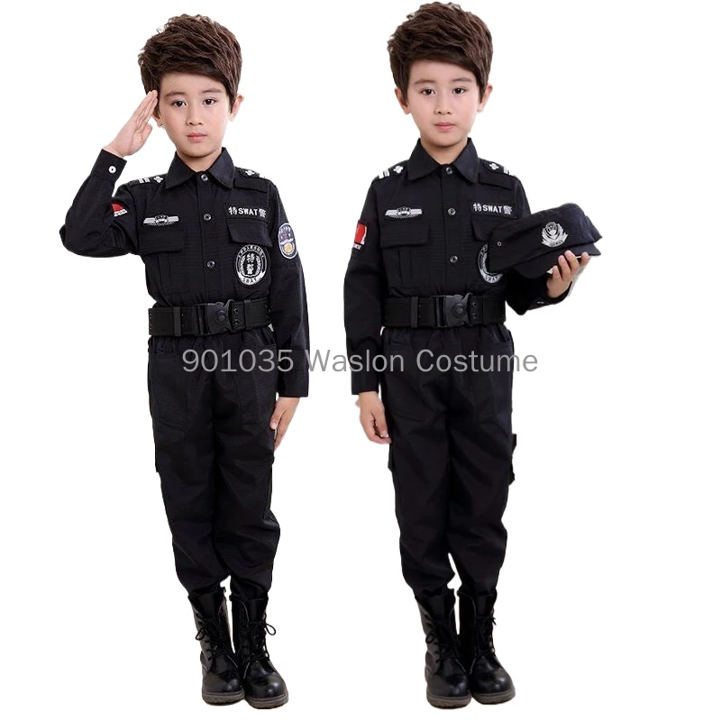 Boys Policemen Costumes Children Cosplay for Kids Uniform Clothing Set Long Sleeve Fighting Performance Uniforms 4pcs