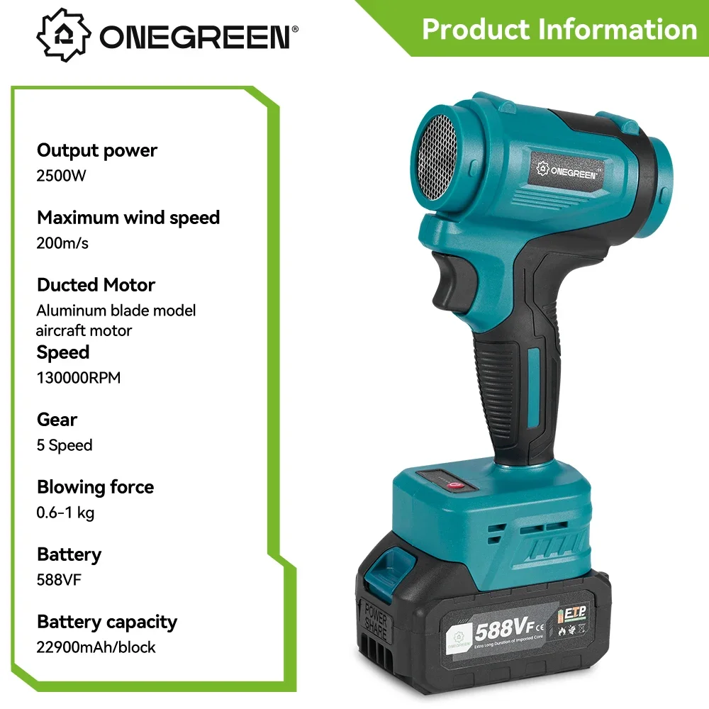 ONEGREEN 2500W Electric Turbo Blower Jet Fan 5 Speed Handheld Cordless Air Blower Violent Blowing Tool 21V for Makita Battery