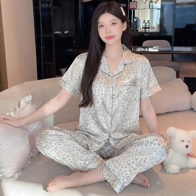 Luxurious Leopard-Print Light Luxury Fashion Print Ice Silk Pajamas for Women: Summer Casual Short-Sleeve Top and Long Pants Set