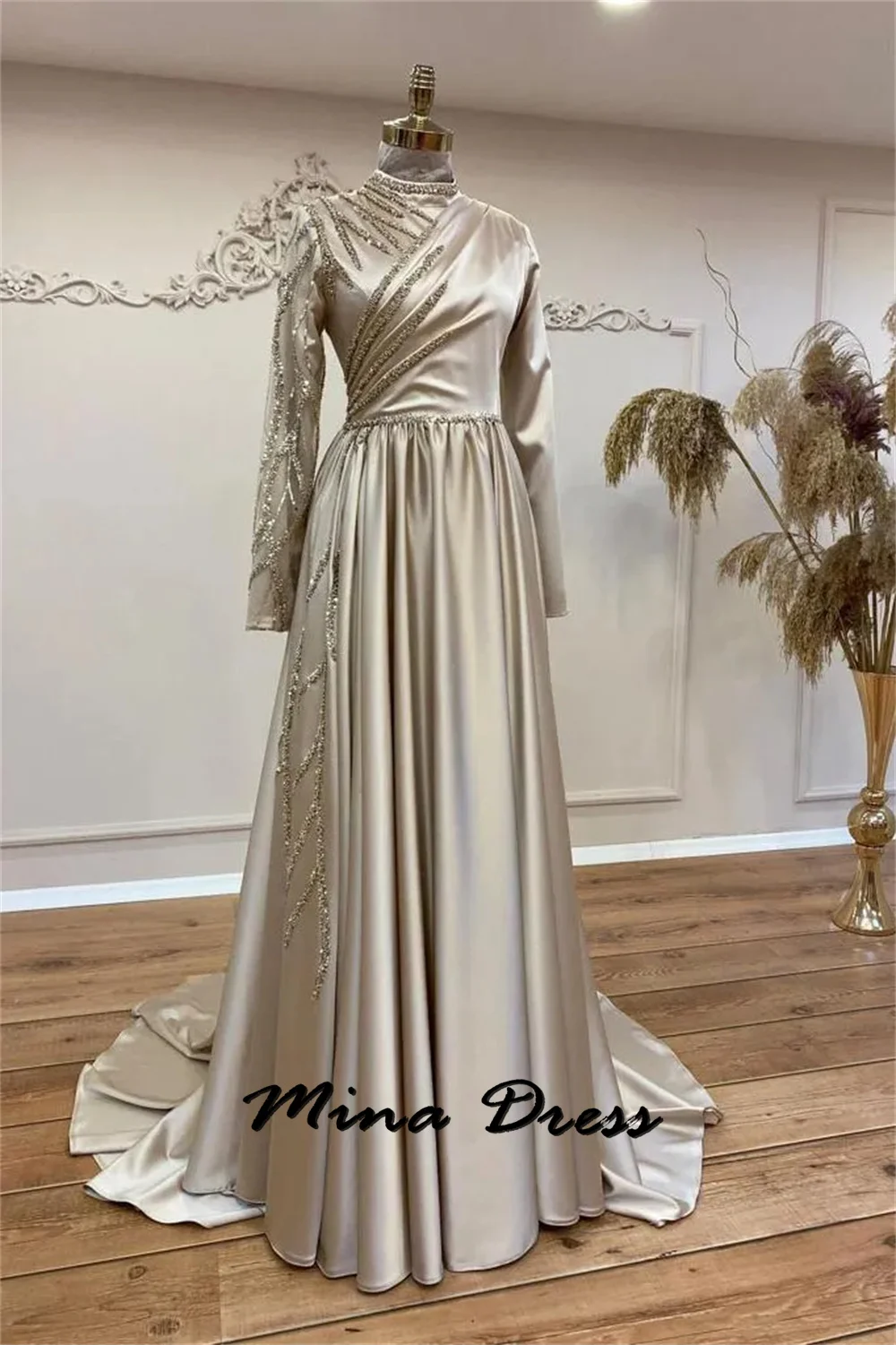 Mina Customized Long Sleeve Evening Dresses for Special Occasions Round Neck Wedding Guest Dress Women Evening Dress Es Beads