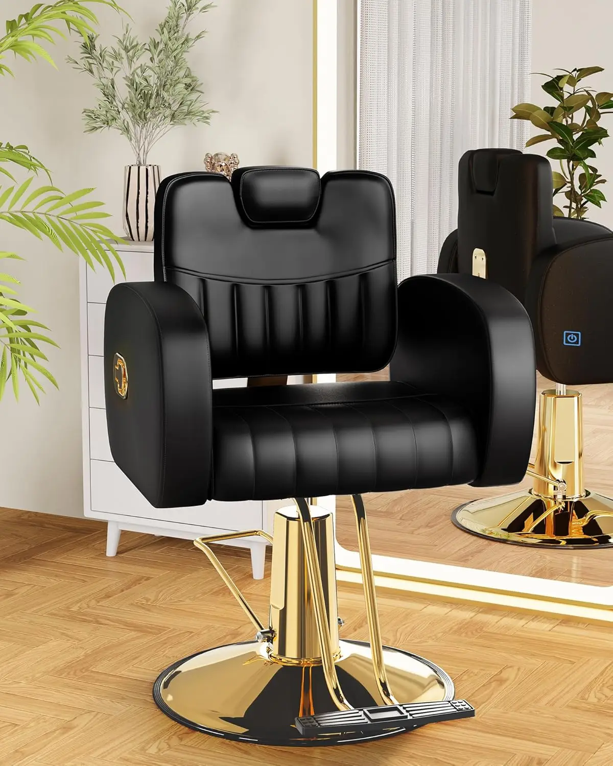 Comfortable Black Gold Salon Chair with Adjustable Headrest & Reclining Backrest, Premium Barber Chair with Steel Frame, Stylish