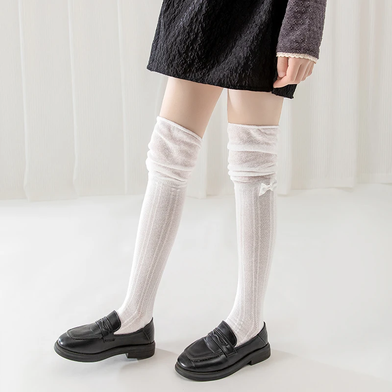 Comfortable Stretchy Girls Thigh High Socks Charming Diamond Mesh Breathable Spliced Bow Embellishment For Princess Daily Outfit
