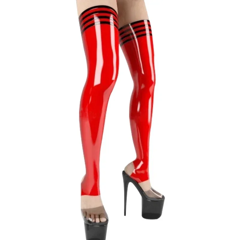 

Latex Custom 0.4mm Sexy Women's Catsuit - Matching Red Rubber Gummi Thigh-high Stockings with Black Trims