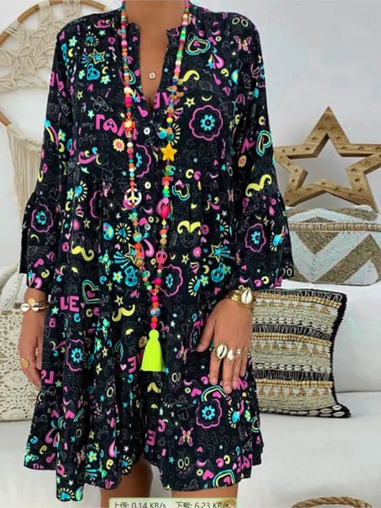 Fashion Splicing Print Flared Long Sleeved For Women\'s Dresses Spring Autumn Loose Casual Plus-size Female Holiday Dress