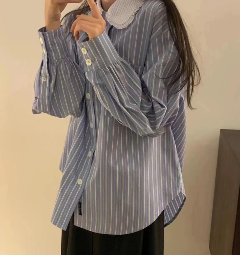 

Miss Candy Egg Cotton Vintage Loose Long Sve irt Women's Collar Stripe Pattern Commute Sle Casual Ladies irt
