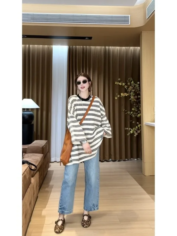 

Loose Knitted Long Sve Striped Top mat Color Blo Art New Year Sle Women's een Fiber Regency Fit Overhead irt