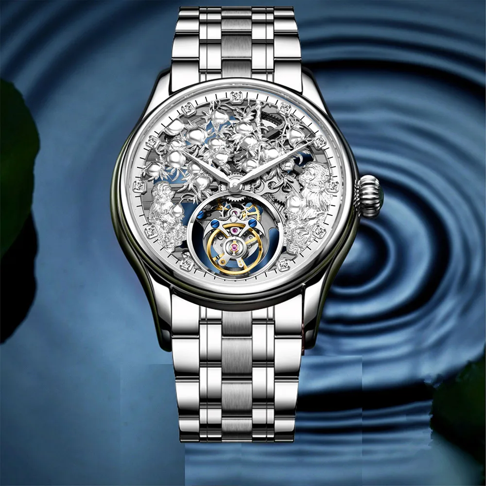 AESOP Real Tourbillon Mechanical Men Wrist Watch Brand Skeleton Hollow Luminous Hand Watch Male Tourbillon Wristwatch Monkey
