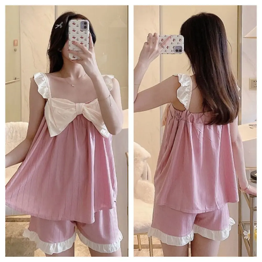 

Ruffle Suspender Shorts Pajama Suit Sleeveless Ice Silk Two Piece Nightwears Ins Female Home Clothes Bowknot Sleepwear Sets Girl