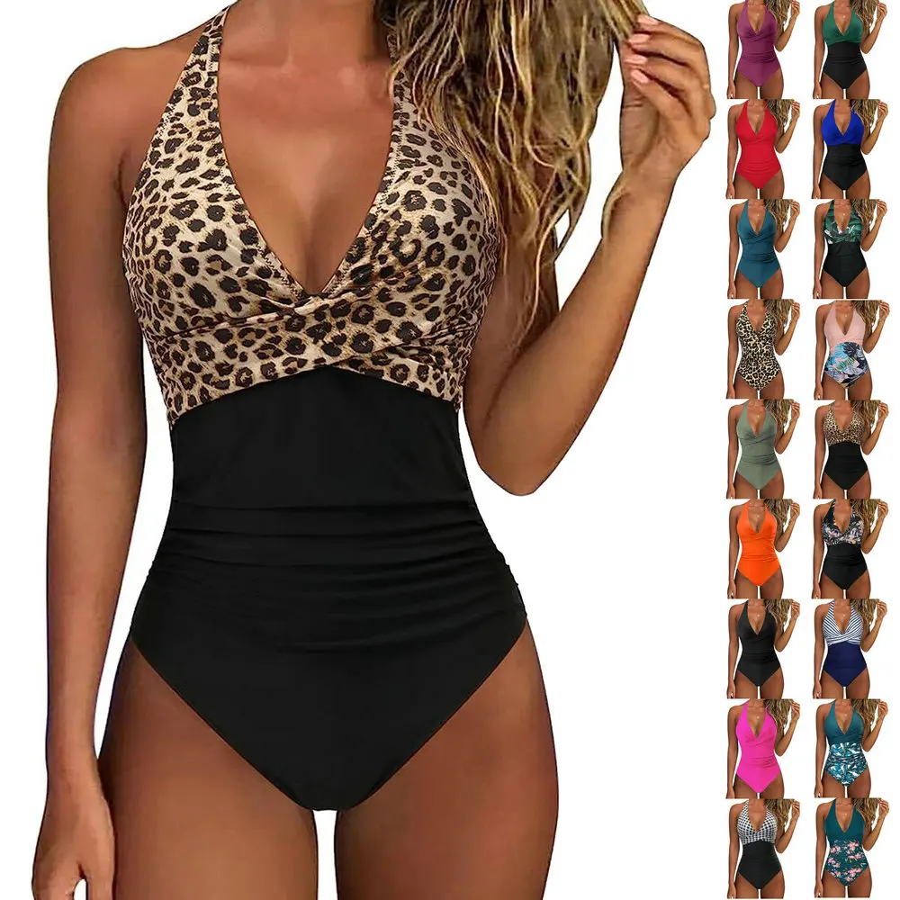 

2025 New Tight-fitting One-piece Swimsuit Women's Halter Sexy Cross-color Matching Swimsuit