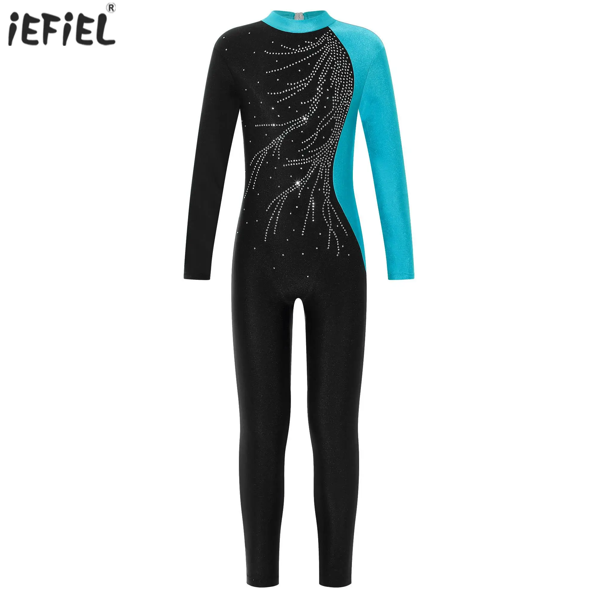 Shiny Rhinestone Unitards Jumpsuit for Ballet Dancing Girls Long Sleeve Gymnastics Bodysuit Figure Skating Skating Dance Costume