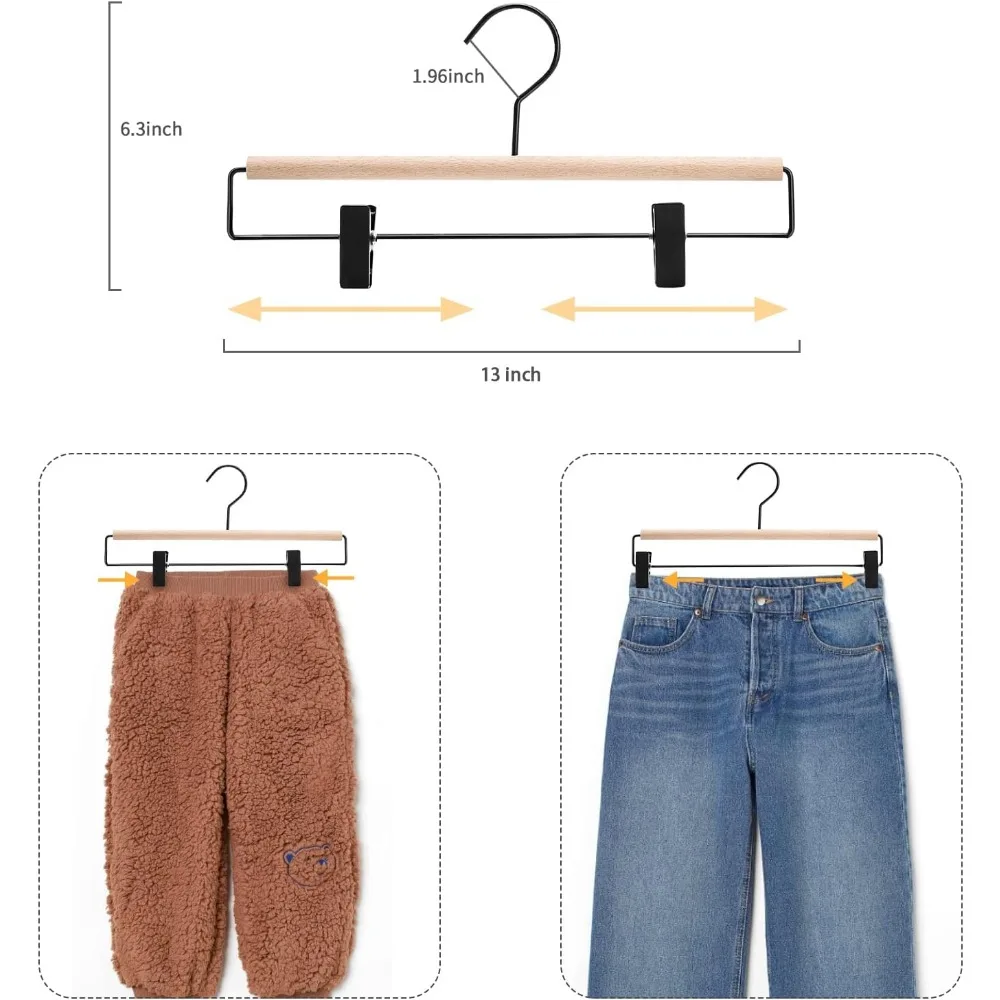 Deluxe Beech Wooden Pants Hangers Bottom Hanger Jeans Hanger Trousers Skirt Hanger with 2-Adjustable Black Matt Clips