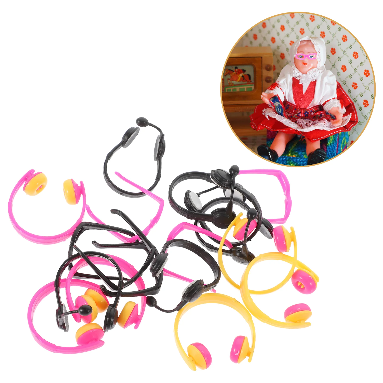 18 Pcs Mini Simulation Headphones Plastic Cosplay Glasses Headset Ornament Toy Room Dress-up Earphone Props Travel