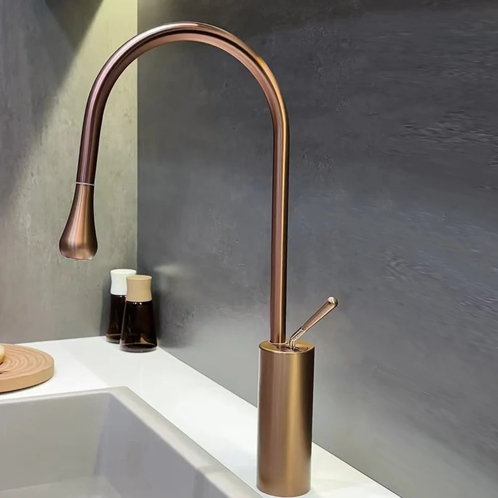 خلاط مطبخ ذهبي اللون، خلاط مياه بارد وساخن، مادة من الستانلس ستيل، خرطوم للجسم قابل للسحب للأسفل #3