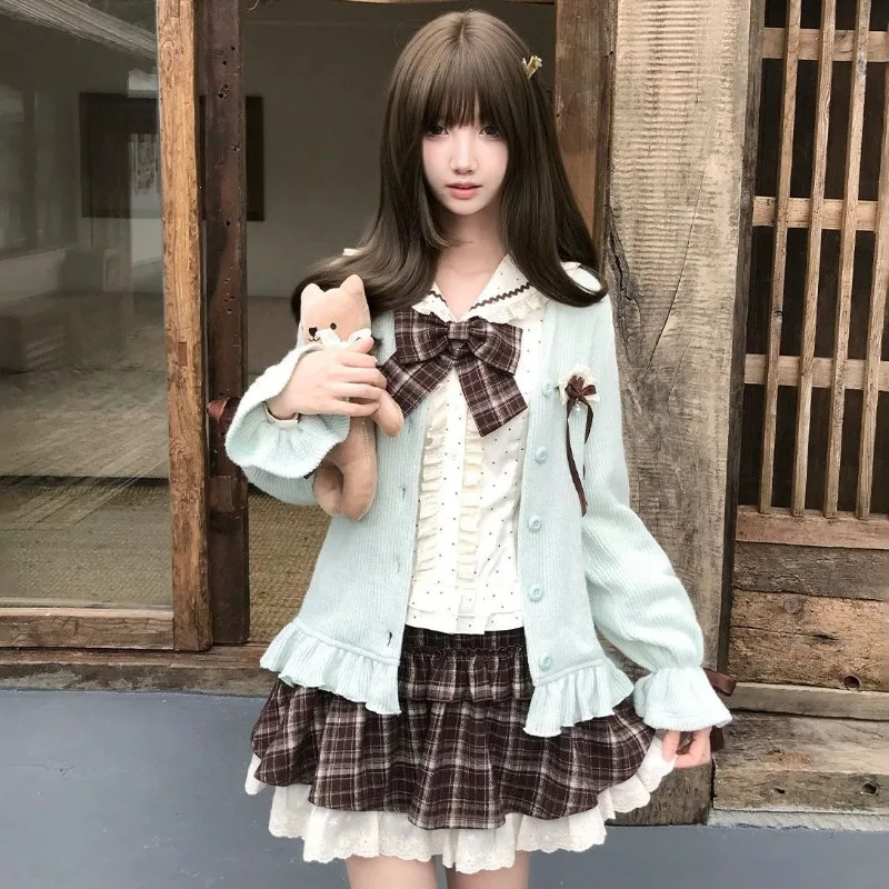 Classic Lolita 3 Piece Set Women Sailor Collar Puff Sleeve Bow High Waist Plaid Dot Ruffle Skirt Kawaii Japanese Fashion Clothes