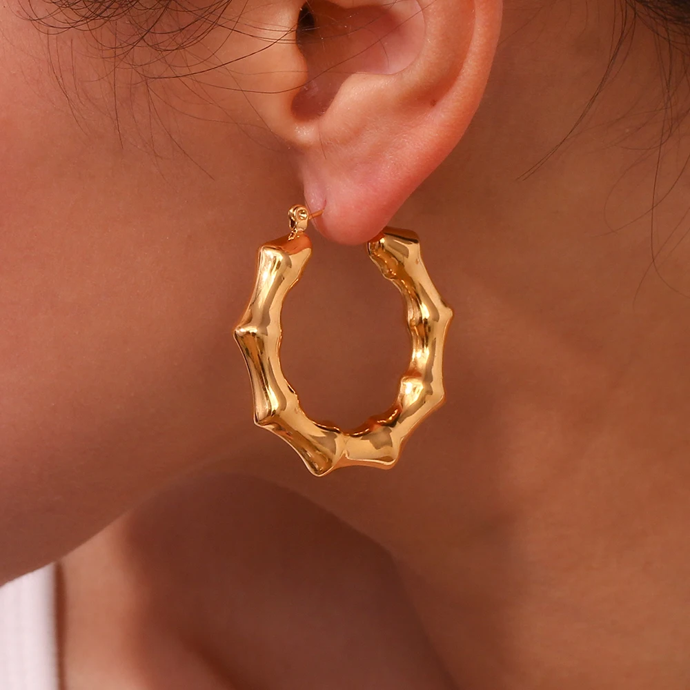 E.B.belle Light Weight Stainless Steel Bamboo Nodes Shape Hoop Earrings For Girls Gold Plated Waterproof Jewelry For Women