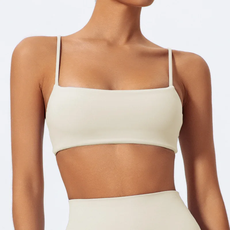 Women Thin Strap Square Neck Sports Bra Built-in Pads Quick Dry Beauty Back Yoga Top Fitness Running Pilates Workout Crop Top