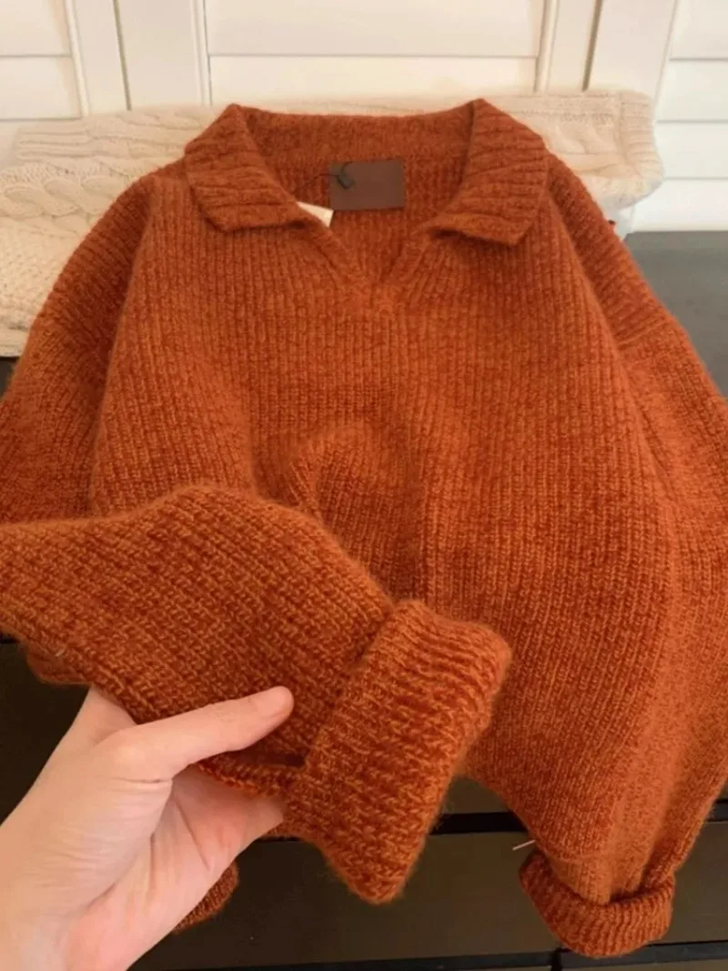 

Korean Fashion Turn Down Collar Cashmere Pullovet Women Autumn Winter New Long Sleeve Womens Sweater Chic Soft Wool Jumper
