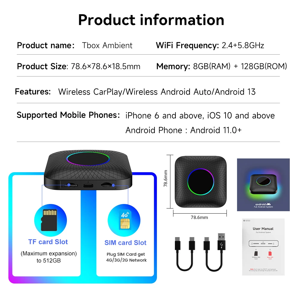 Carlink Tbox Ambient 8G 64Gb 128Gb Sm6225 inalámbrico Appl Android Auto adaptador de reproducción de coche Ai Box Android 13,0 Carplay para Youtube