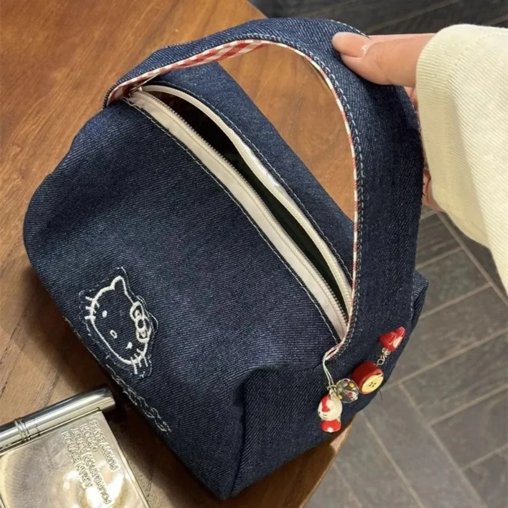 Sanrio Hello Kitty Embroidery Denim Cosmetic Bags Anime Handbags Cartoon Tote Large Capacity Clutch Bag Travel Organizer Satchel