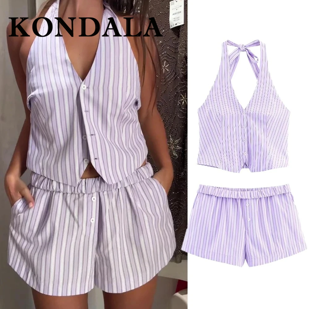 

KONDALA шикарный женский костюм в фиолетовую полоску с открытой спиной и пуговицами, жилеты + карманные мини-шорты, модные комплекты уличной одежды 2025, Mujer