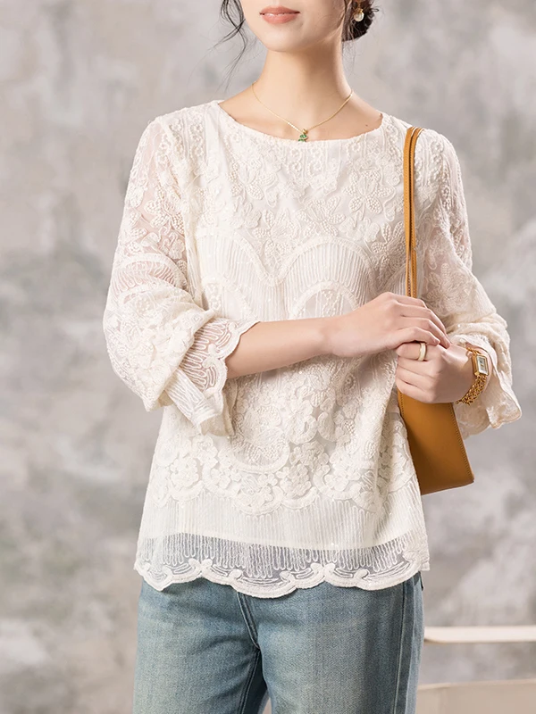 

Женская блузка с длинным рукавом, вышивкой и кружевом, круглый вырез, модная новинка весна-осень