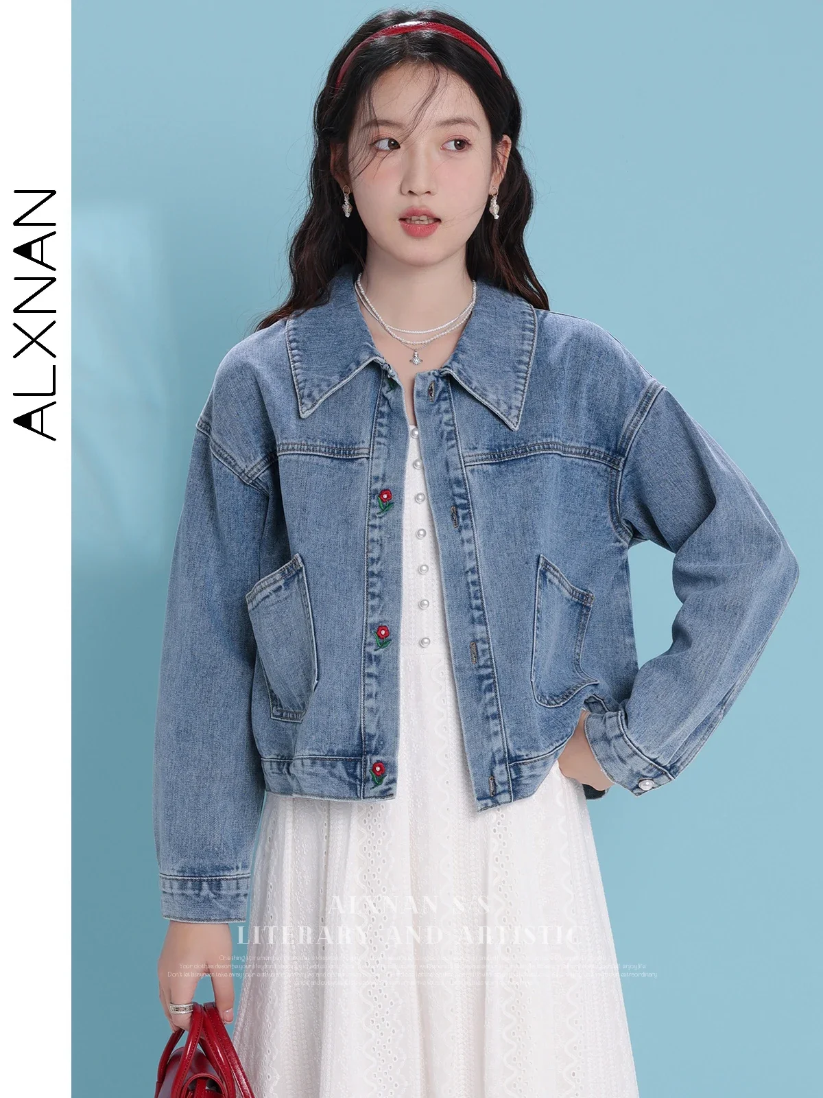 

ALXNAN Autumn Solid Denim Jacket 2024 New Embroidery Polo Collar Single Breasted Long Sleeve Outerwear Sold Separately LXN287102