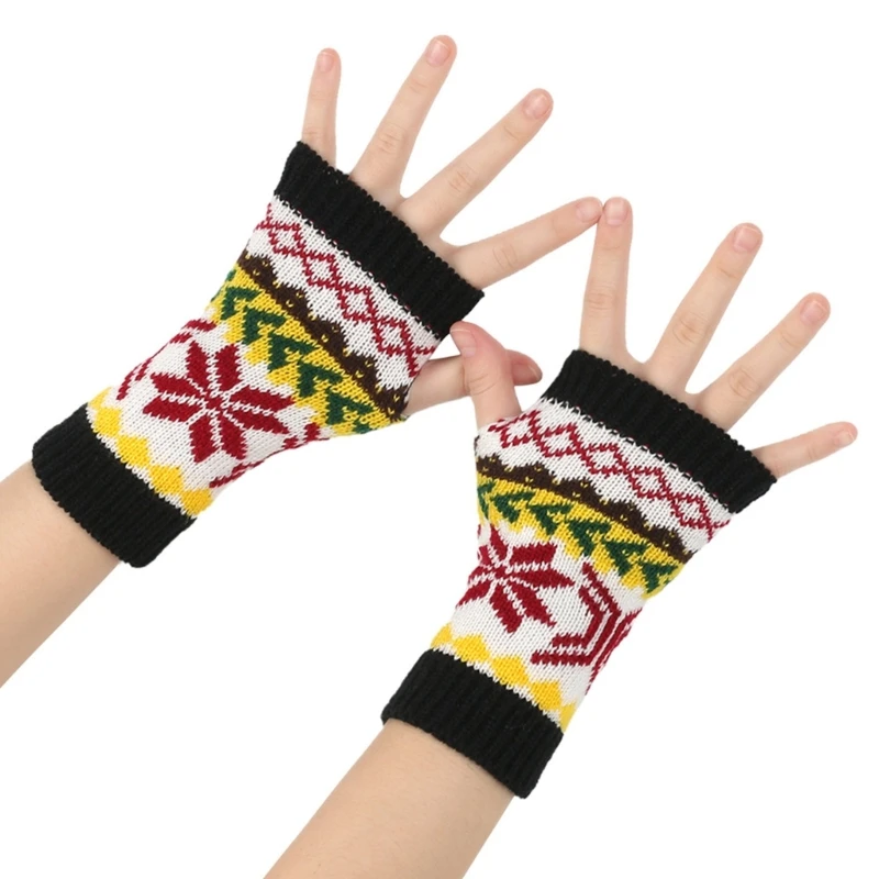 Christmas Pattern Mittens Stretchy Hand Gloves Female Winter Autumn Oversleeves Fingerless Gloves for Outdoor Activity