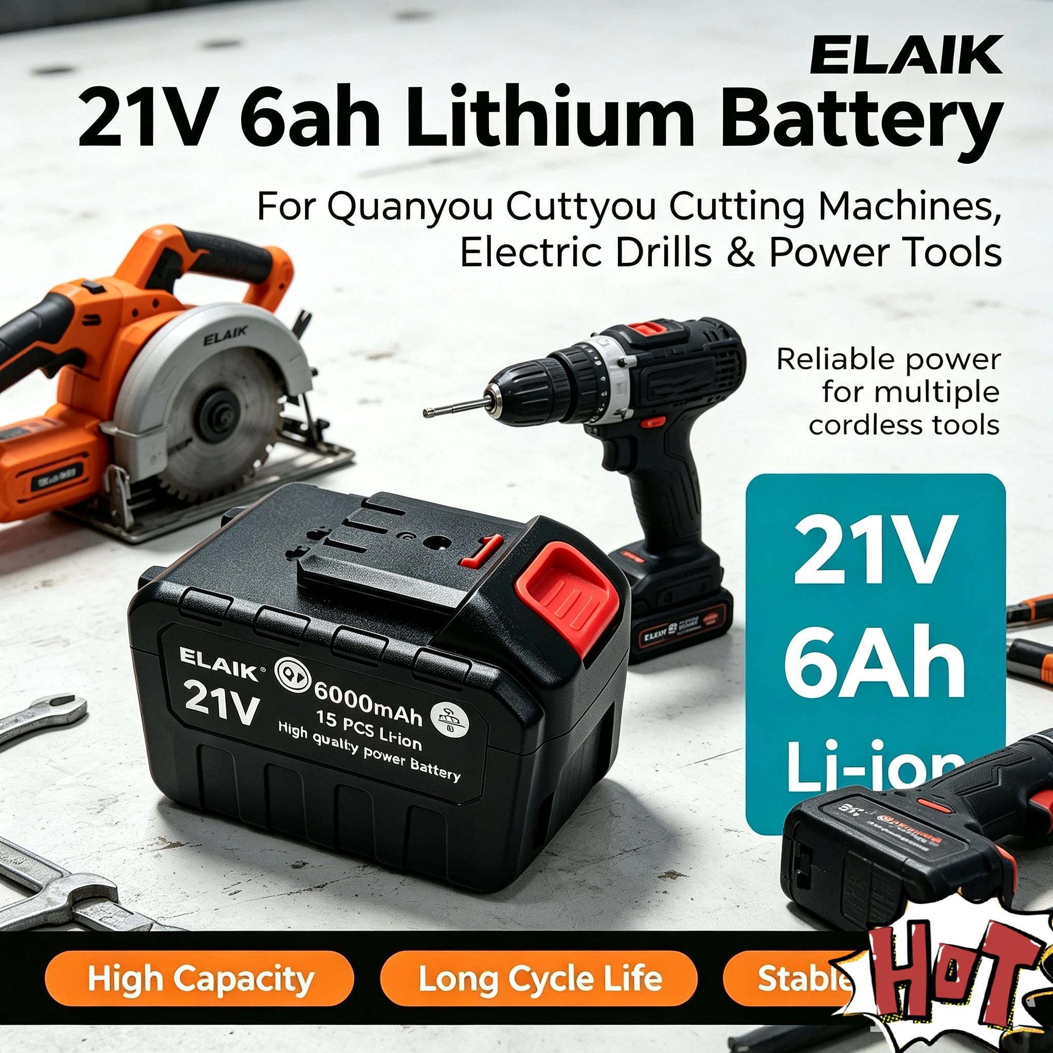 21V 6.0Ah Rechargeable Lithium Ion Battery High Capacity Cordless Electric Power Tool Battery Suitable QuanYou  Power Tool