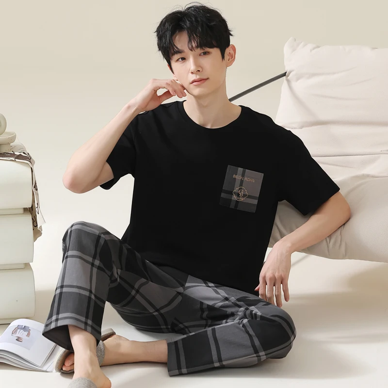 

Plaid Long Pant & Short Sleeping Top 2Pcs/set Sleepwear for Men Summer and Spring Cotton Thin Home Clothes Young Boy Pjs Pyjamas