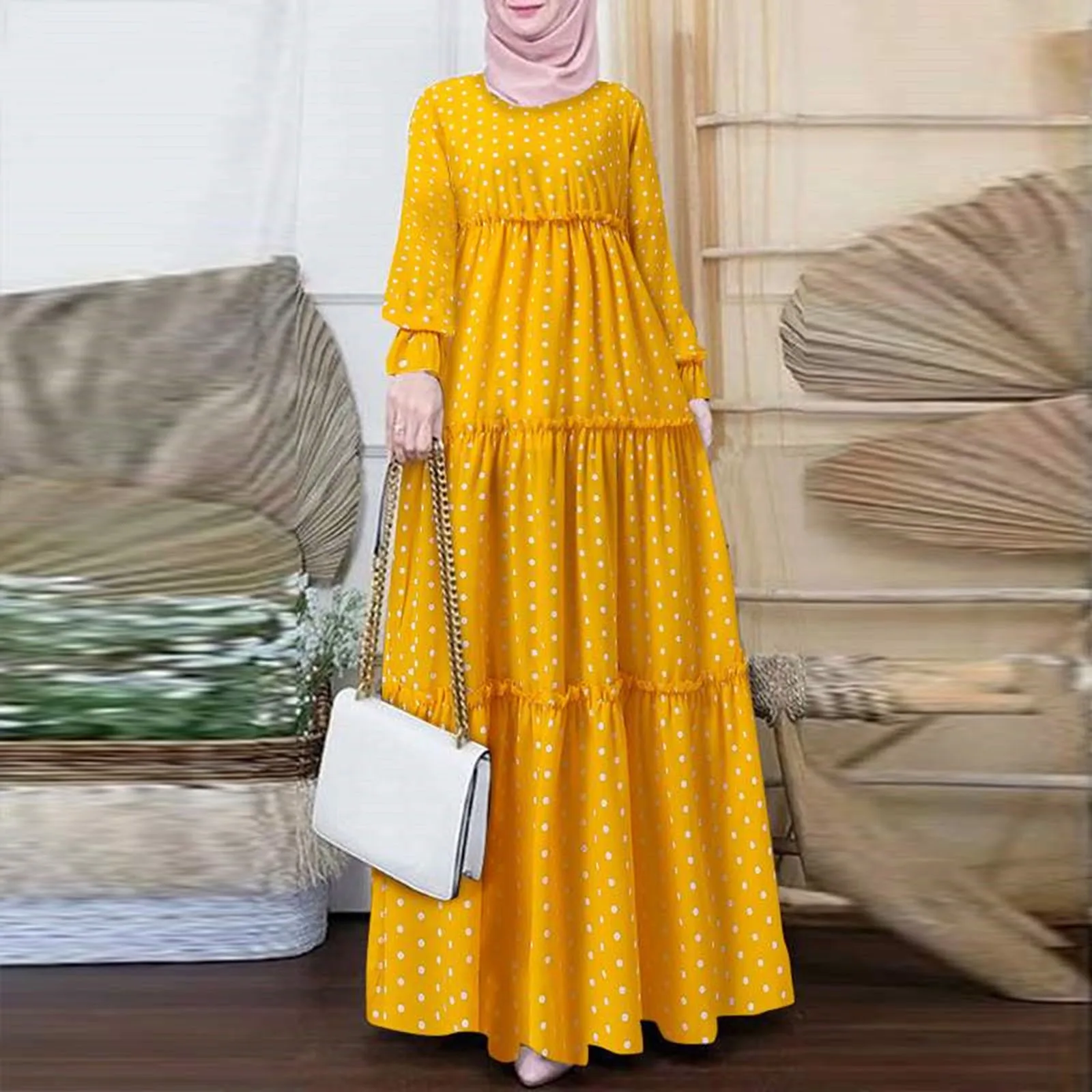 Polka Dot Print Muslim Dress Women Puff Sleeve Ruffle Vestido Female Ruffles Long Sleeve Islamic Clothing Abaya Hijab Robe Femme